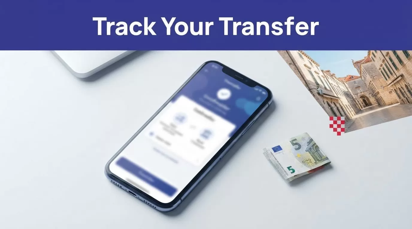 A smartphone shows a blurred transfer confirmation beside Croatian street imagery and euro currency.