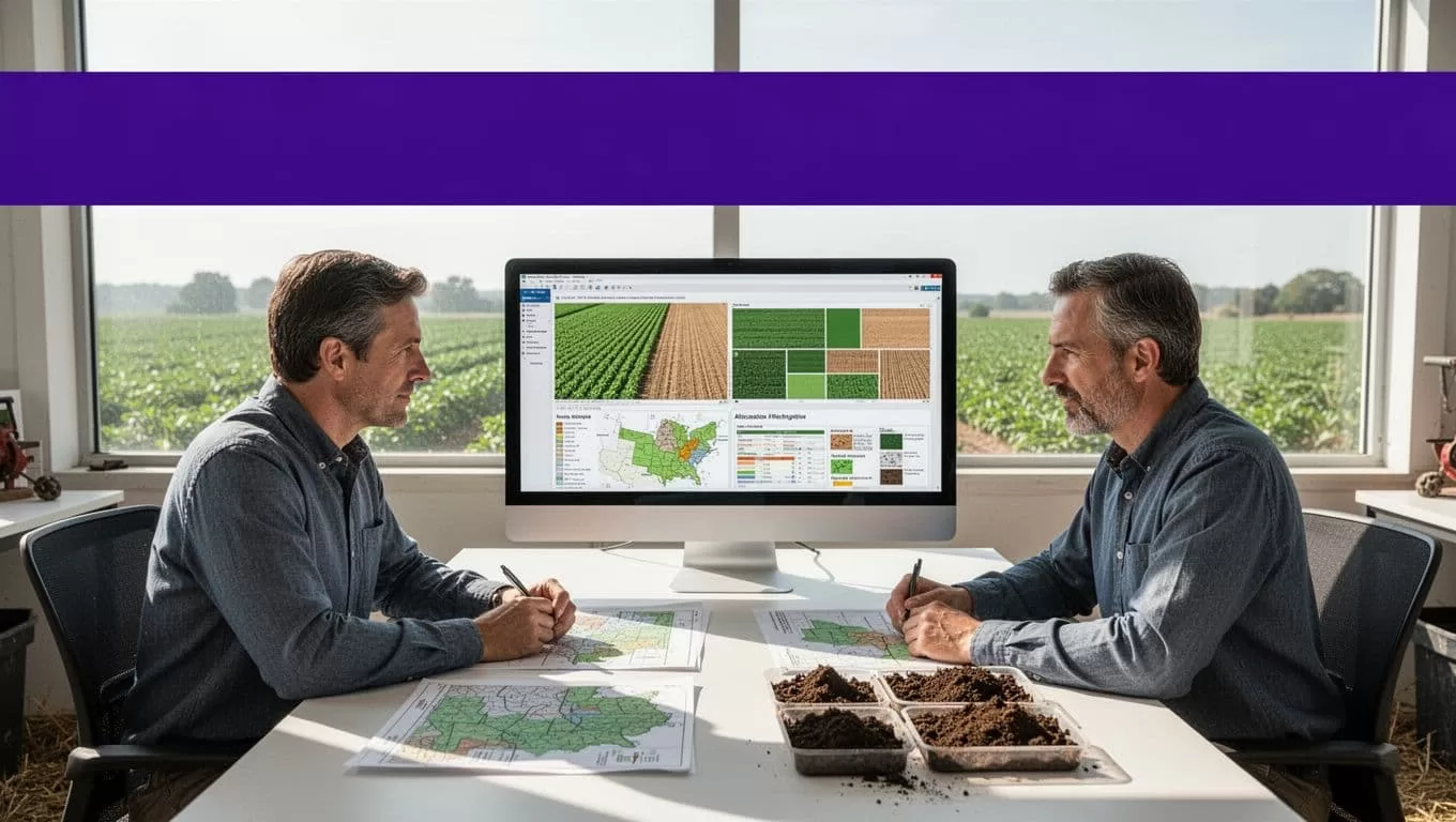Two farm planners review crop data beside field maps and soil sample trays.