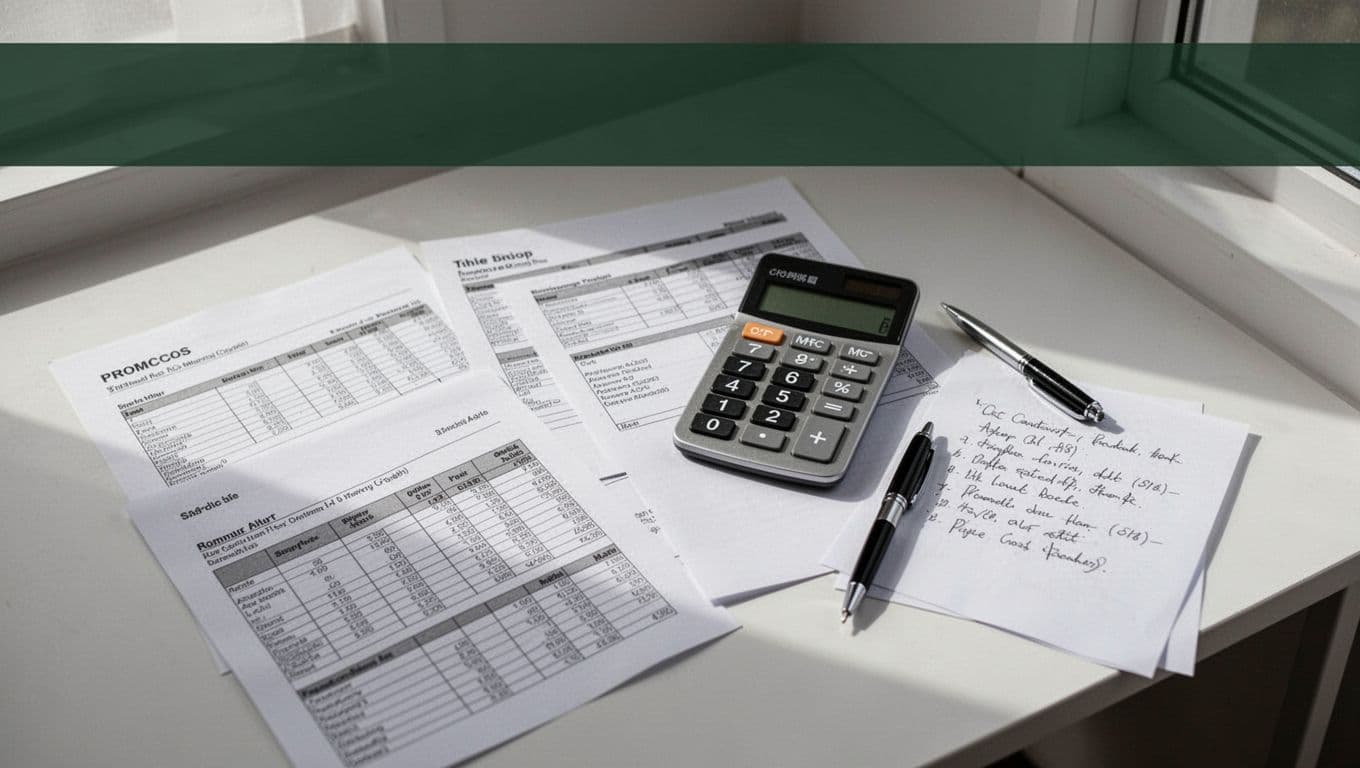 Calculator, currency notes, and fee calculations arranged on a desk below a green Clear Rates banner.