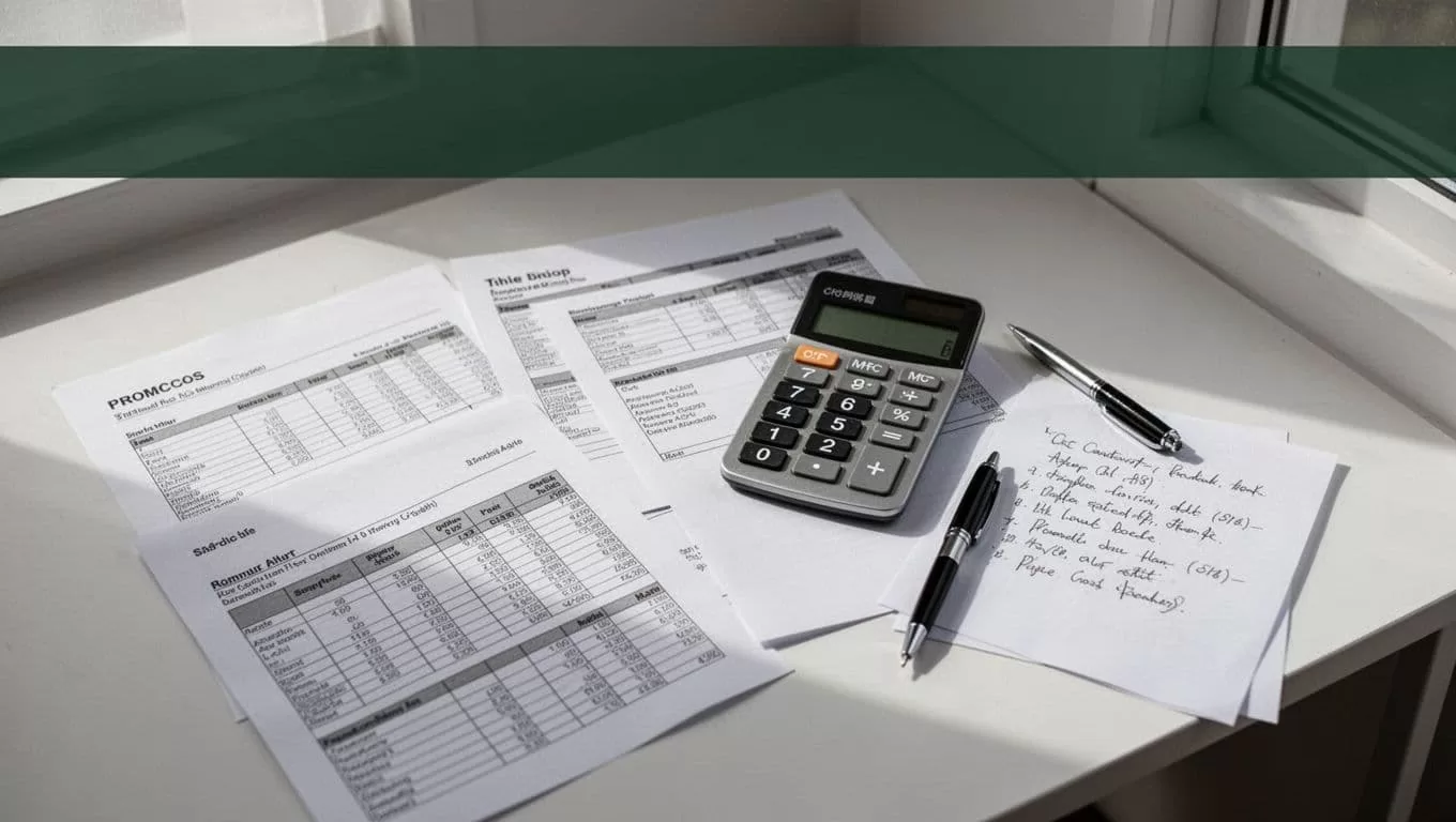 Calculator, currency notes, and fee calculations arranged on a desk below a green Clear Rates banner.