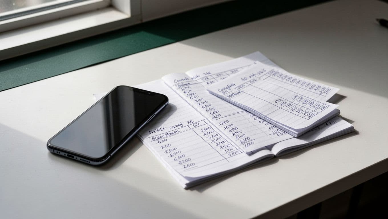 Mobile phone beside handwritten currency calculations in a minimalist workspace.