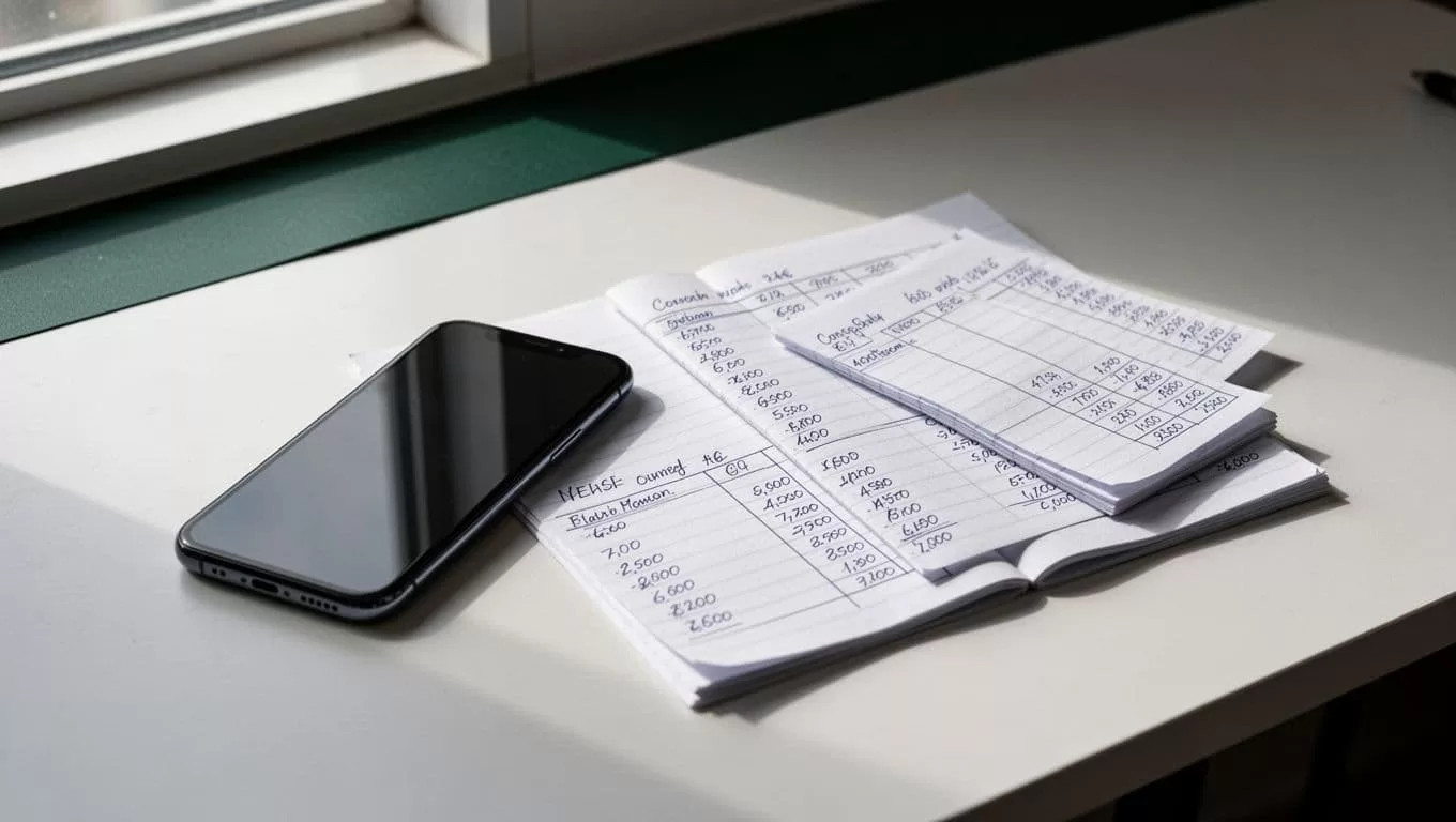 Mobile phone beside handwritten currency calculations in a minimalist workspace.