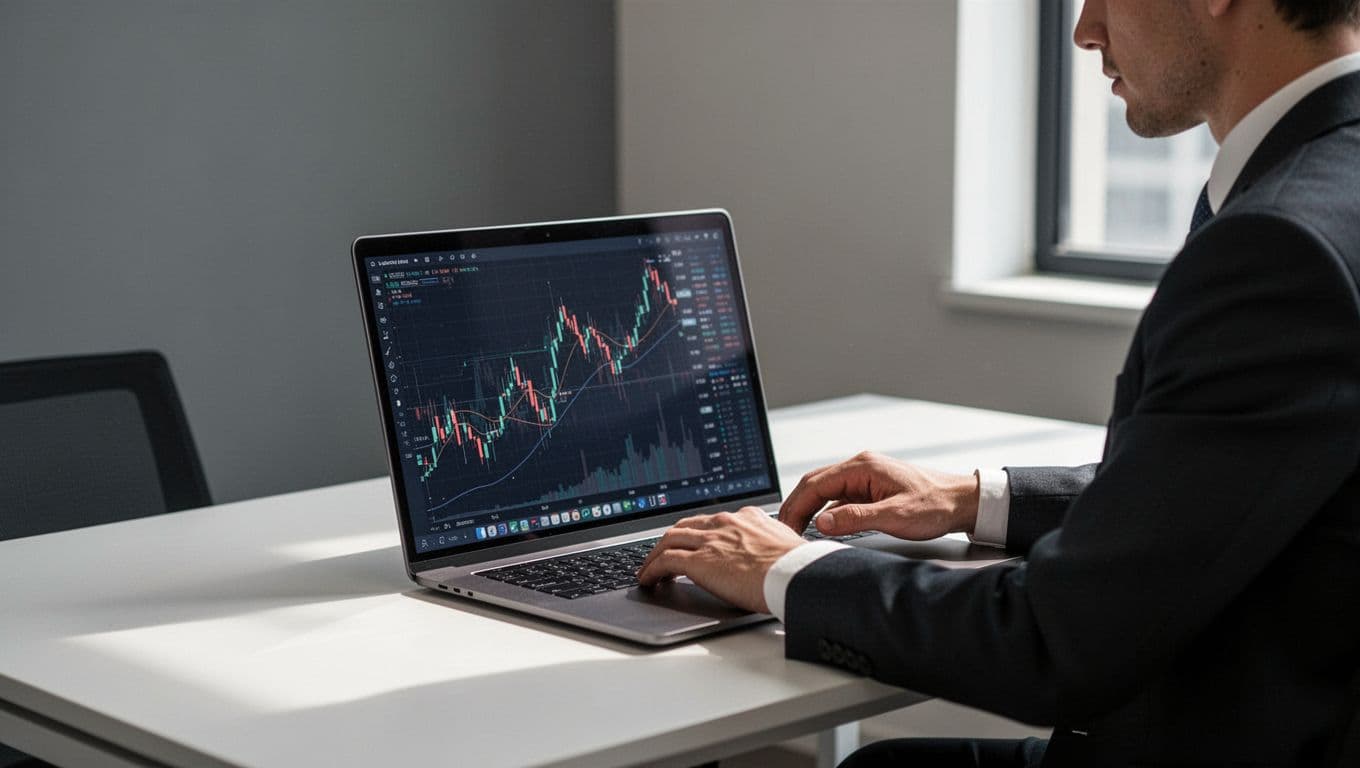 A professional views currency market data on a laptop in a clean office.