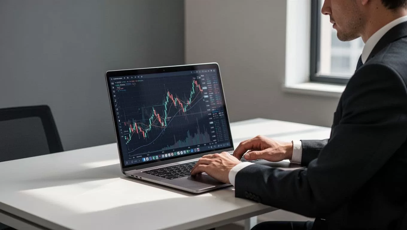A professional views currency market data on a laptop in a clean office.