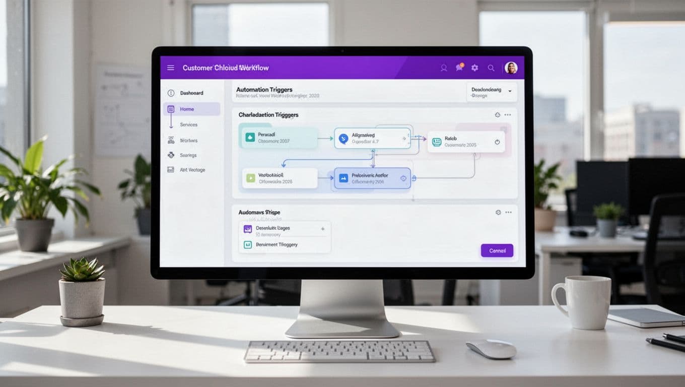Monitor showing a customer onboarding workflow dashboard on a clean office desk.
