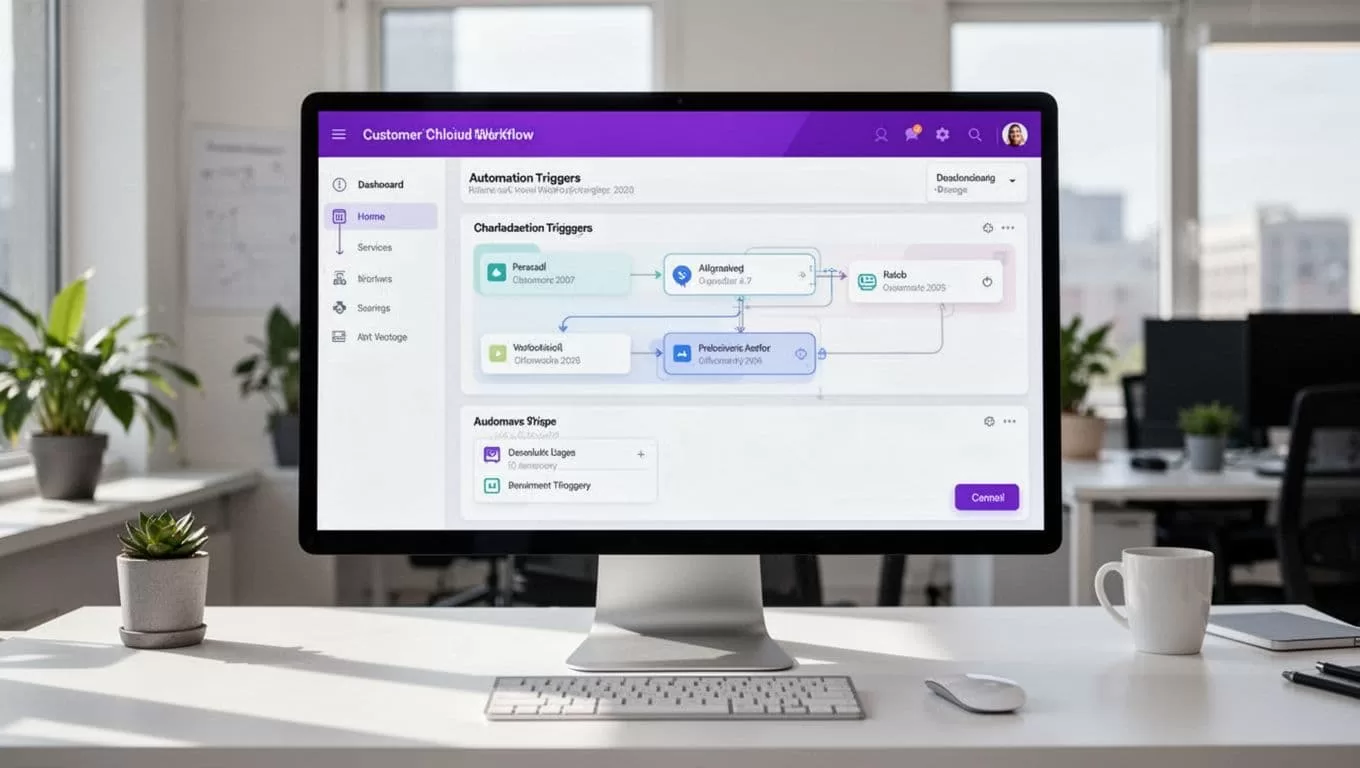 Monitor showing a customer onboarding workflow dashboard on a clean office desk.