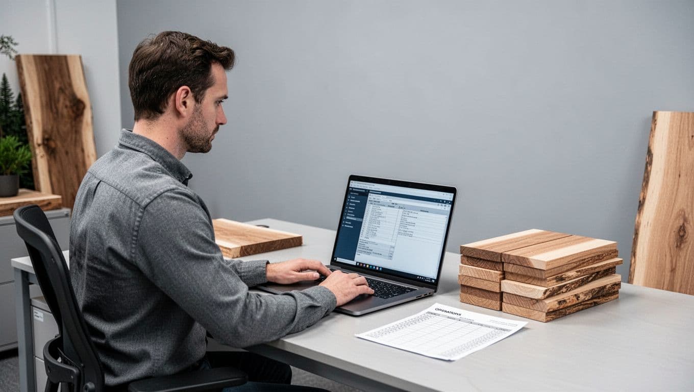 An analyst checks timber prices beside wood samples and a paper table.