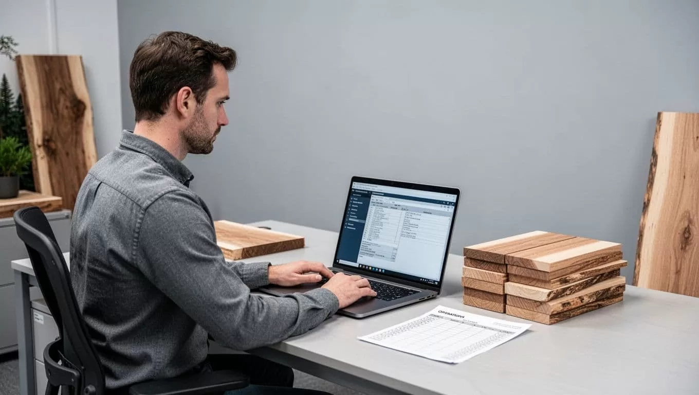 An analyst checks timber prices beside wood samples and a paper table.