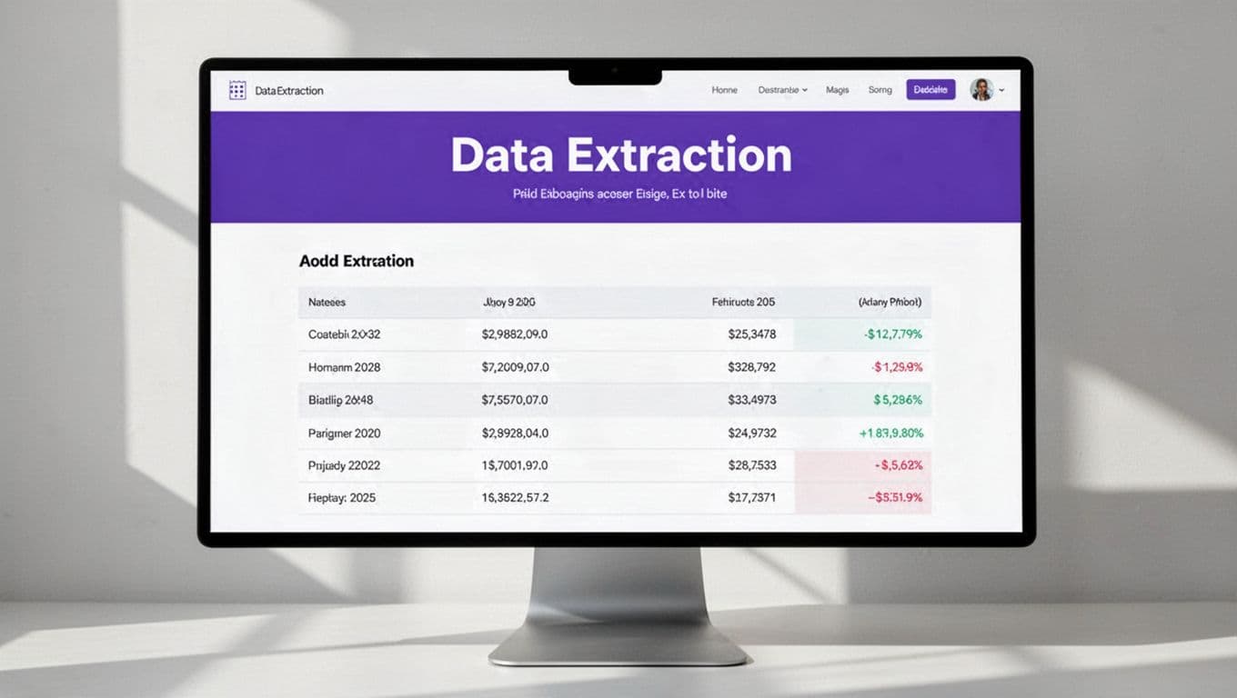 A software dashboard with data rows beneath an indigo