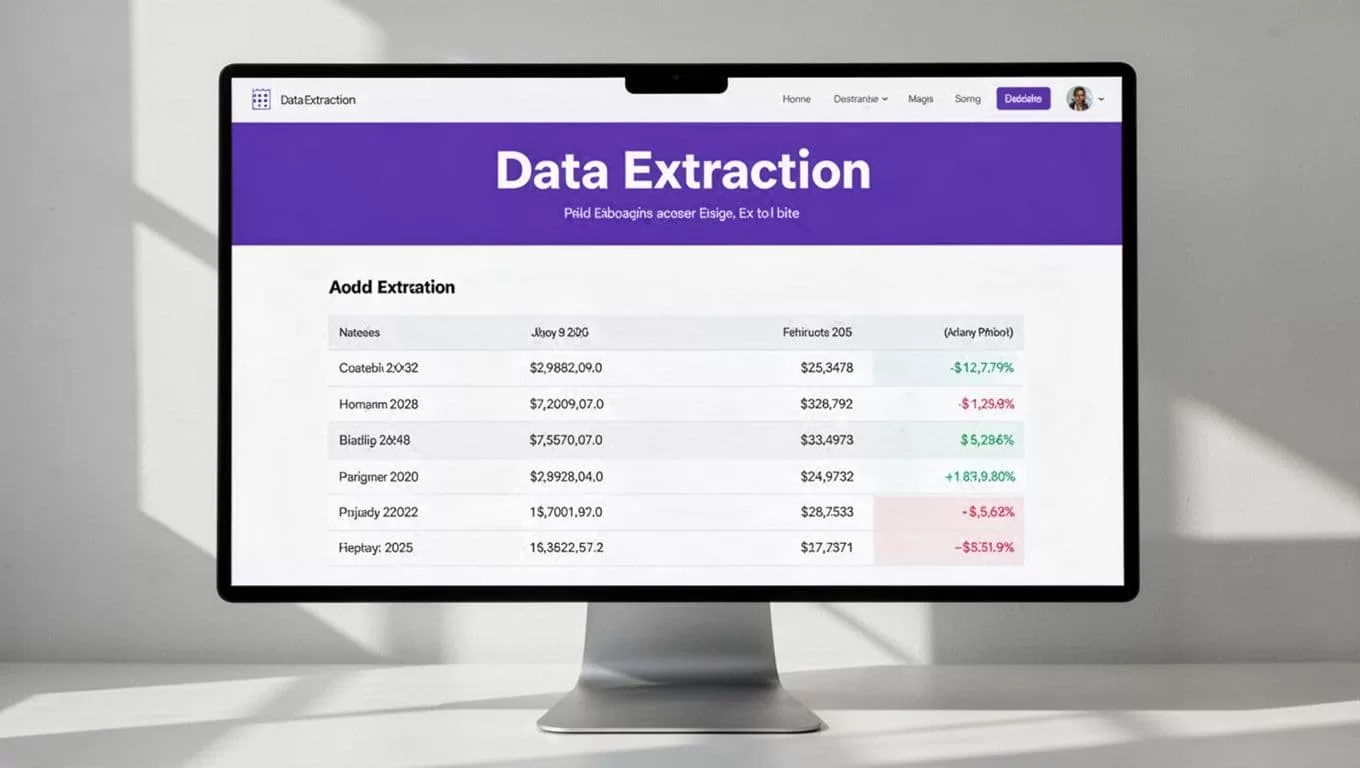 A software dashboard with data rows beneath an indigo
