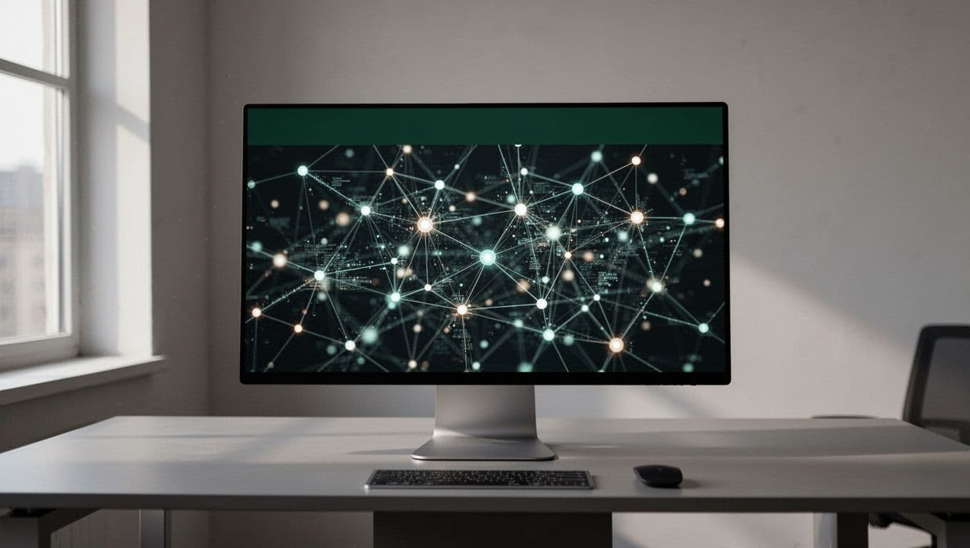 Monitor showing connected data nodes on a clean professional desk.