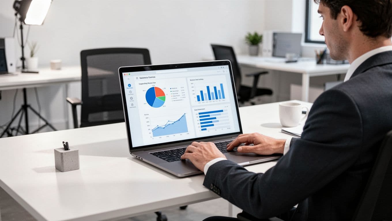A person works at a desk with a laptop, charts, and a dark-green DATA PIPELINE banner.