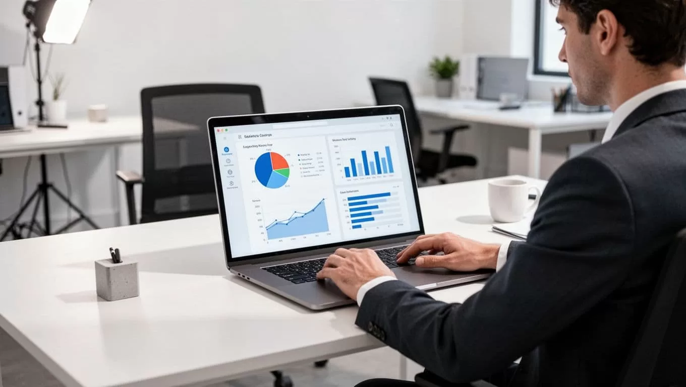 A person works at a desk with a laptop, charts, and a dark-green DATA PIPELINE banner.
