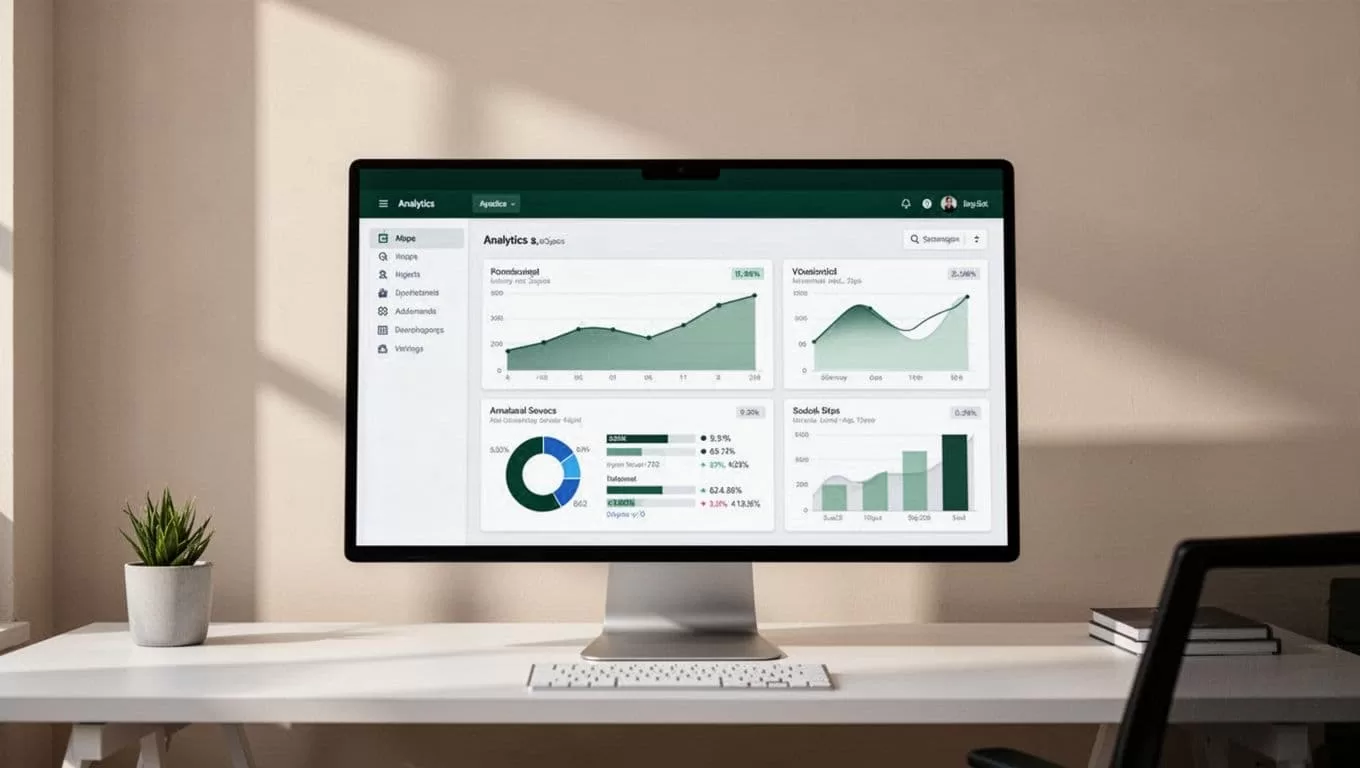 Minimalist workstation showing an analytics dashboard beneath a dark green headline band.