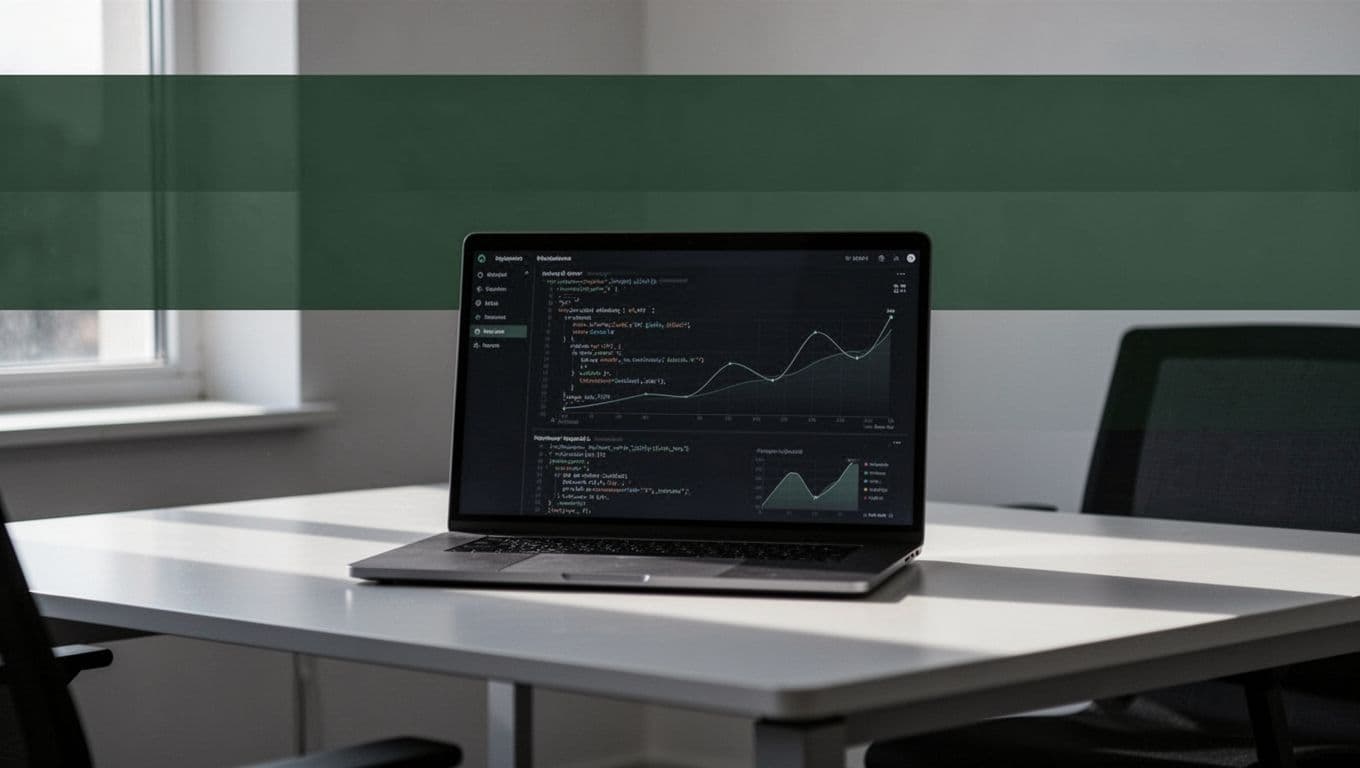 Laptop showing code on a modern desk beneath a dark-green Data Pipeline banner.