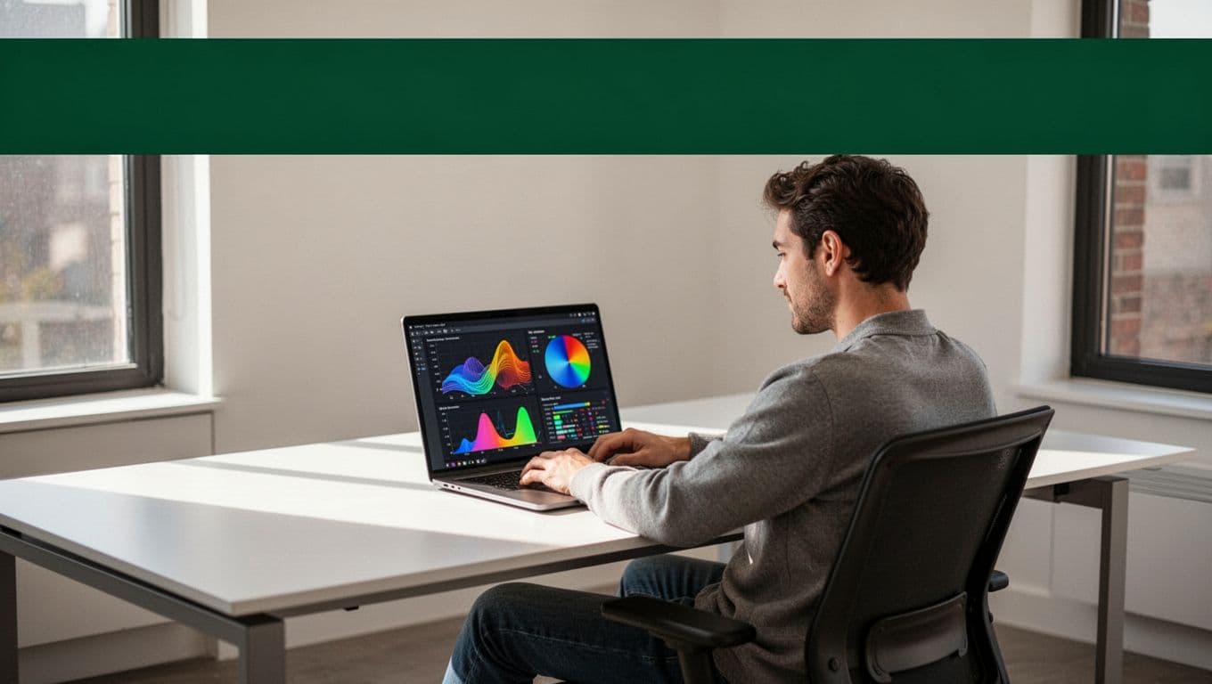 One person works at a desk beneath a green Data Pipeline headline.