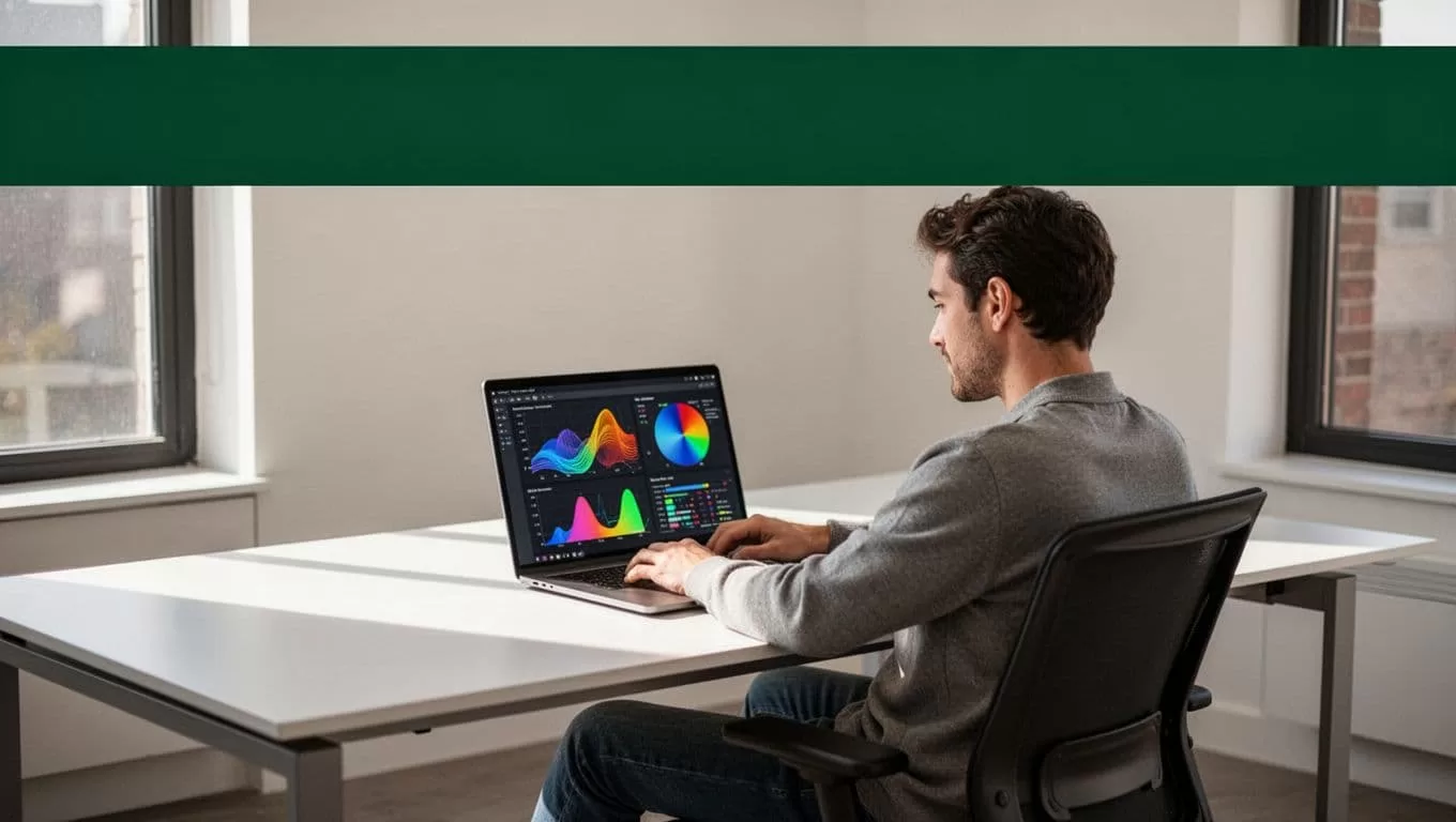 One person works at a desk beneath a green Data Pipeline headline.