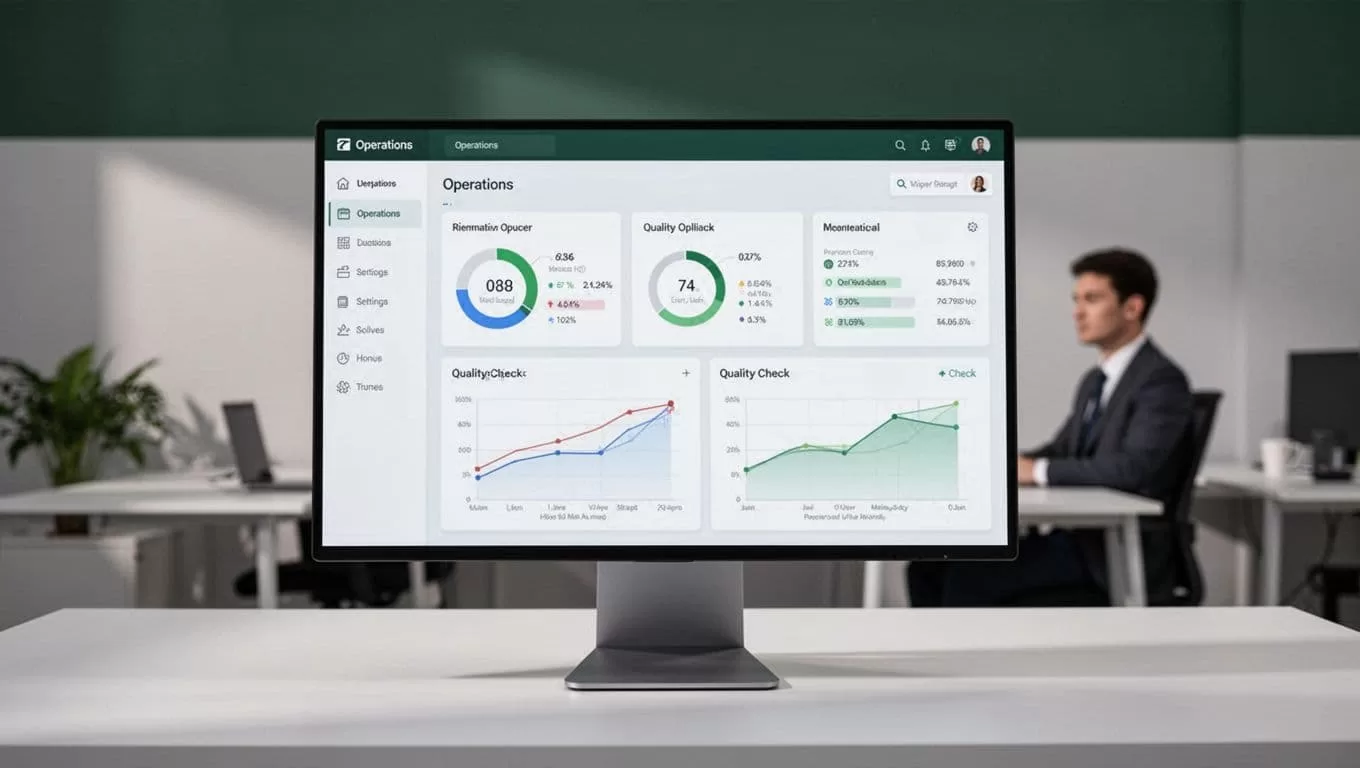 Monitor showing a data quality dashboard with one person blurred in the background.