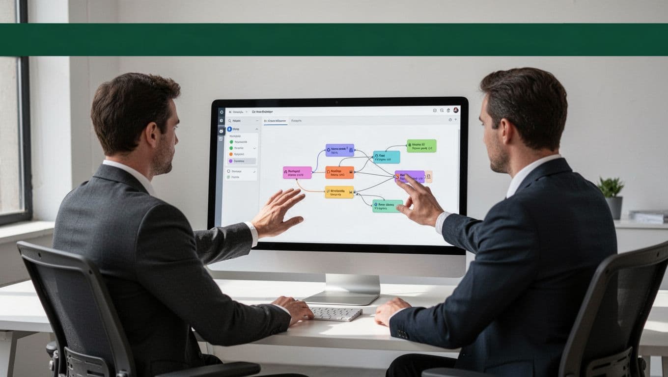 A monitor shows a connected workflow interface beneath a dark-green DATA FLOW banner.