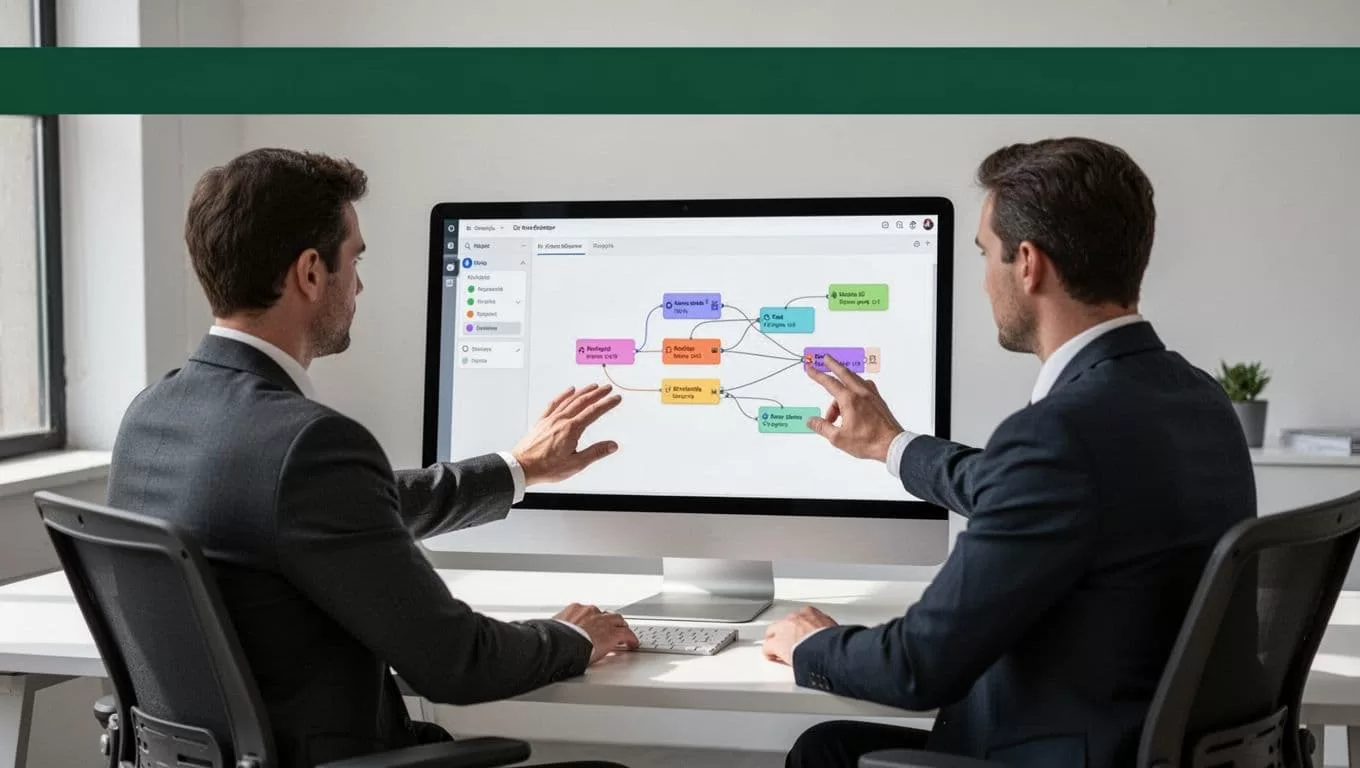 A monitor shows a connected workflow interface beneath a dark-green DATA FLOW banner.