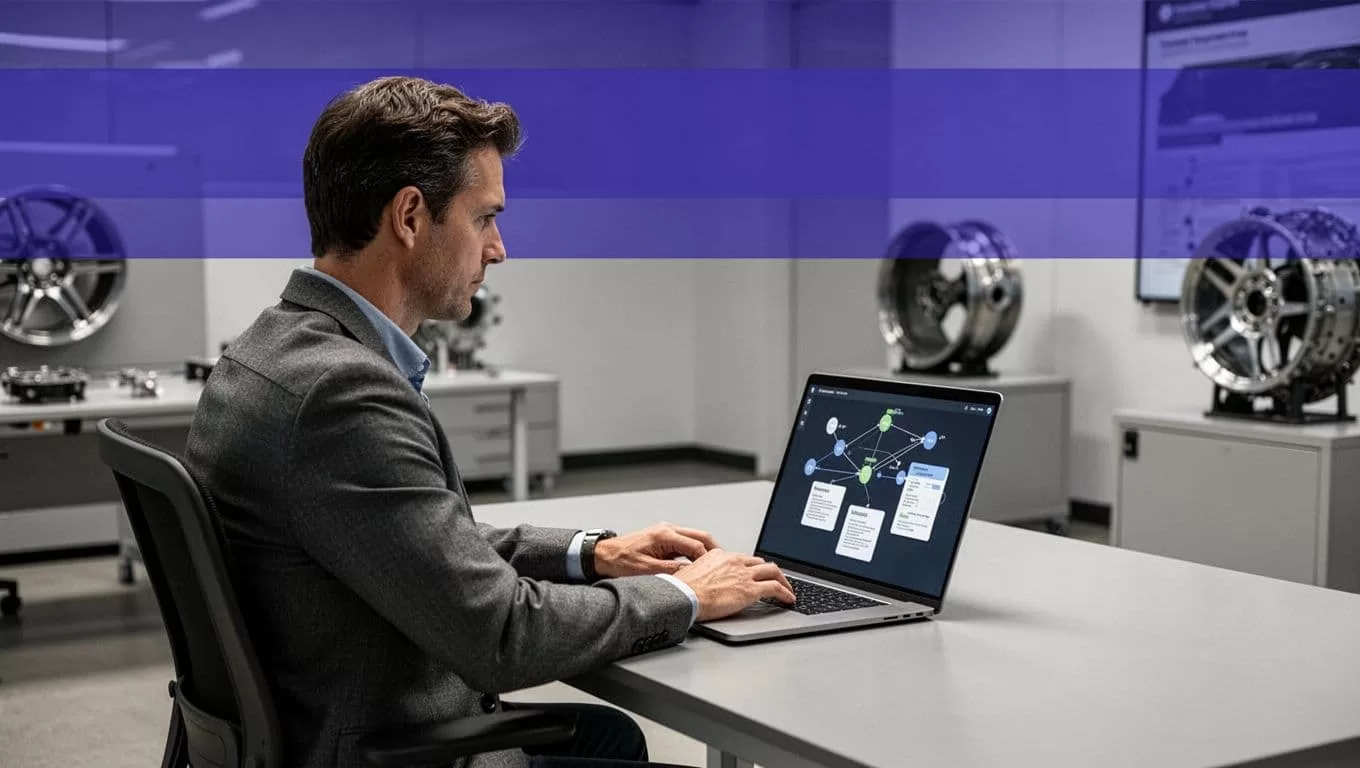 An automotive manager reviews a laptop workflow beside connected process nodes.