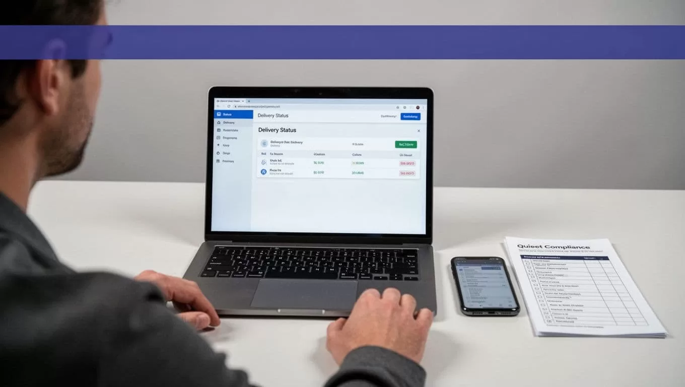 Laptop, phone, and checklist arranged on a compliance desk beneath an indigo headline band.