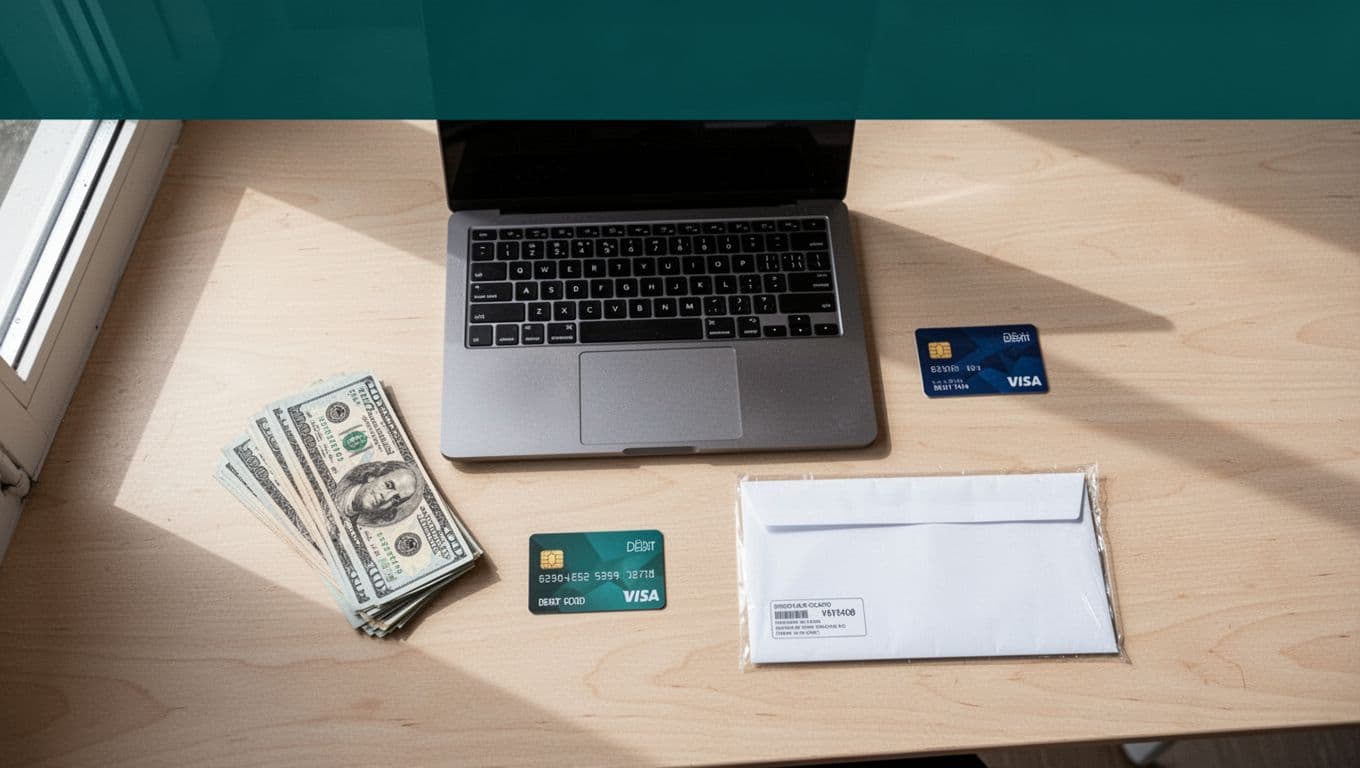 Flat-lay workspace showing bank deposit and cash pickup options.