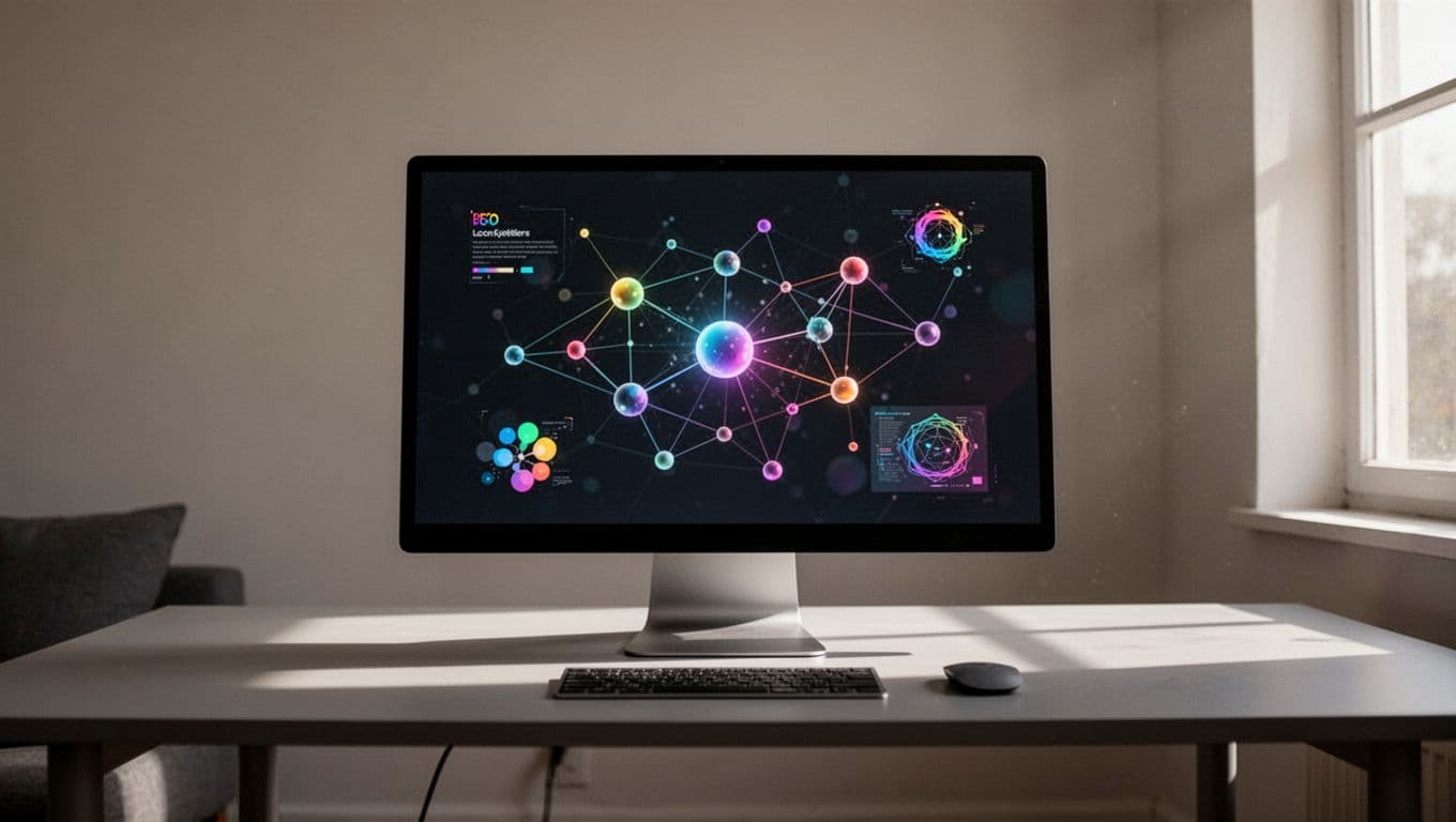 A minimalist desk with a monitor showing connected workflow nodes below a Design Flow headline.