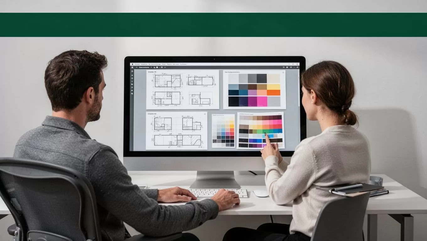 A person works at a desktop workspace beneath a dark-green DESIGN SCRAPING banner.