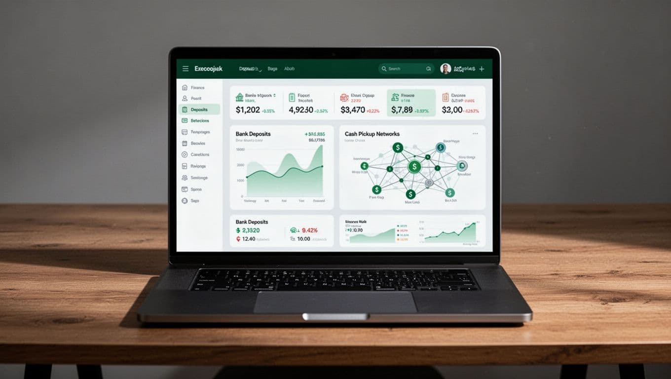 Laptop showing a finance dashboard labeled Transfer Methods on a wooden desk.