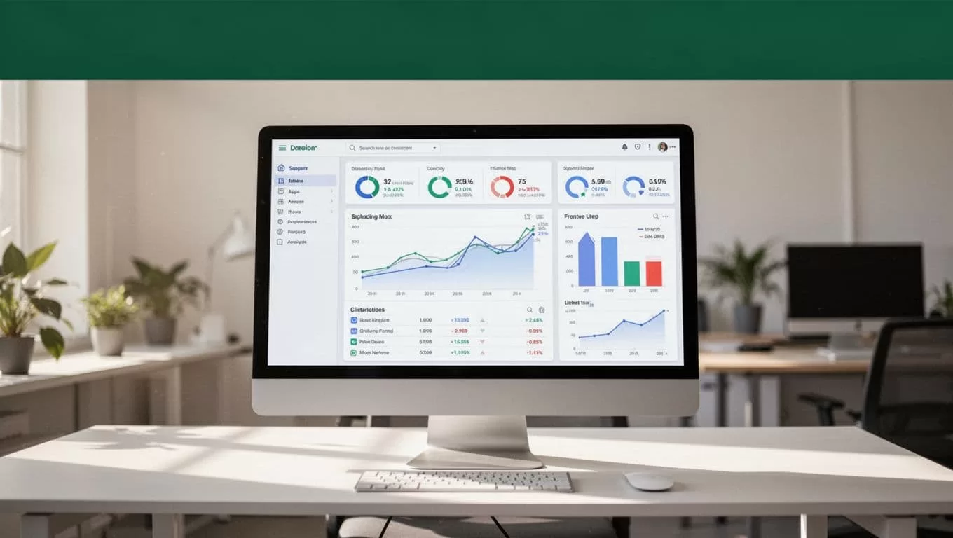 Desktop monitor showing a financial dashboard beneath a green Transfer Guide banner.