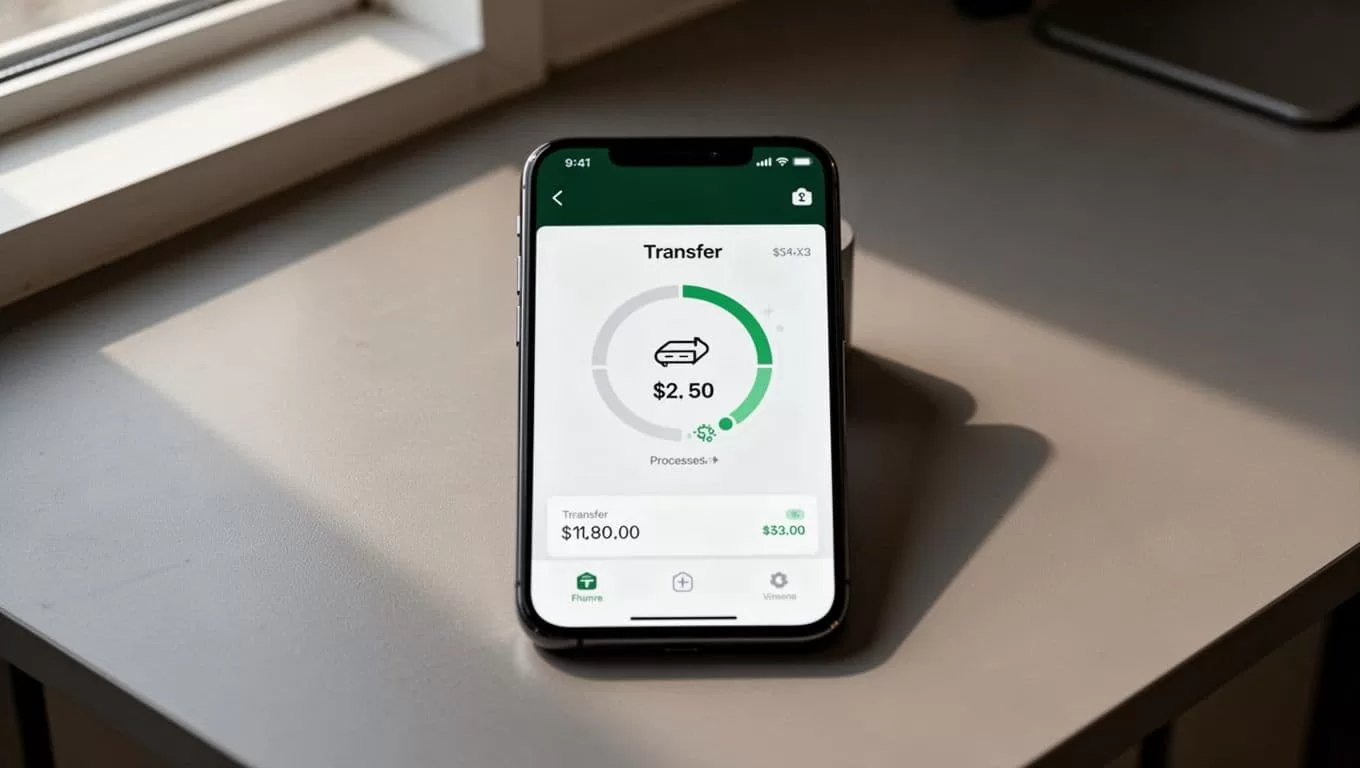 A digital currency transfer dashboard beneath a dark-green Transfer Process headline.