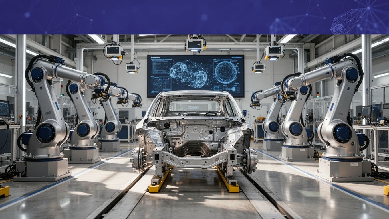 Vehicle chassis on a robotic assembly line beneath sensors and an indigo data panel.
