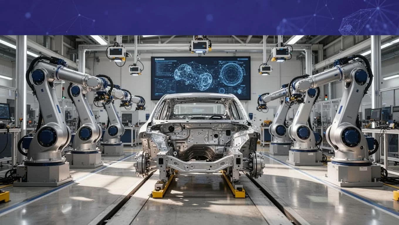 Vehicle chassis on a robotic assembly line beneath sensors and an indigo data panel.