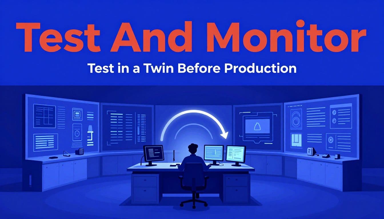 Engineer monitoring a digital twin test environment with alerts and a rollback loop.