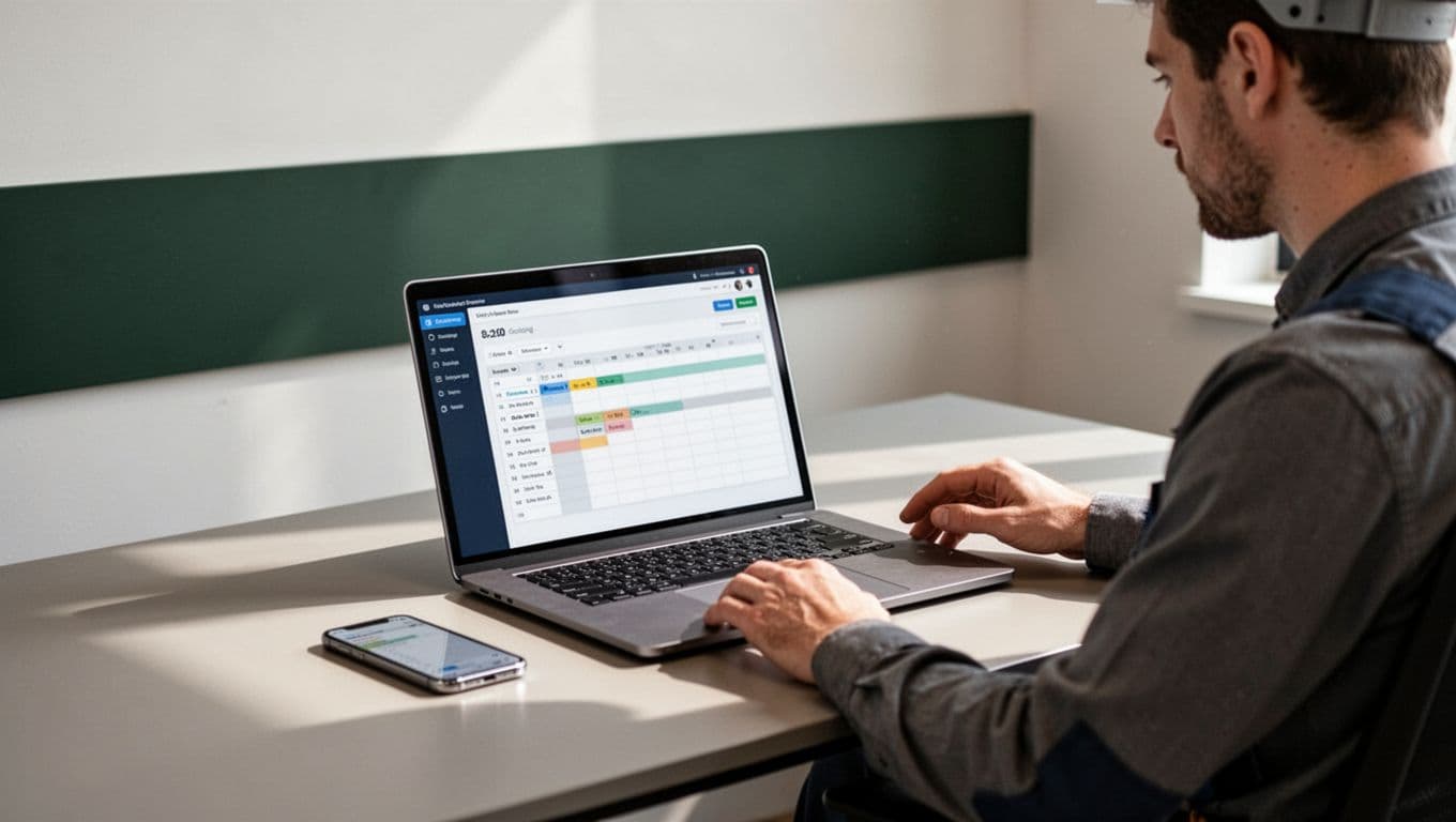 An office worker sits beside a laptop with scheduling charts and a smartphone.