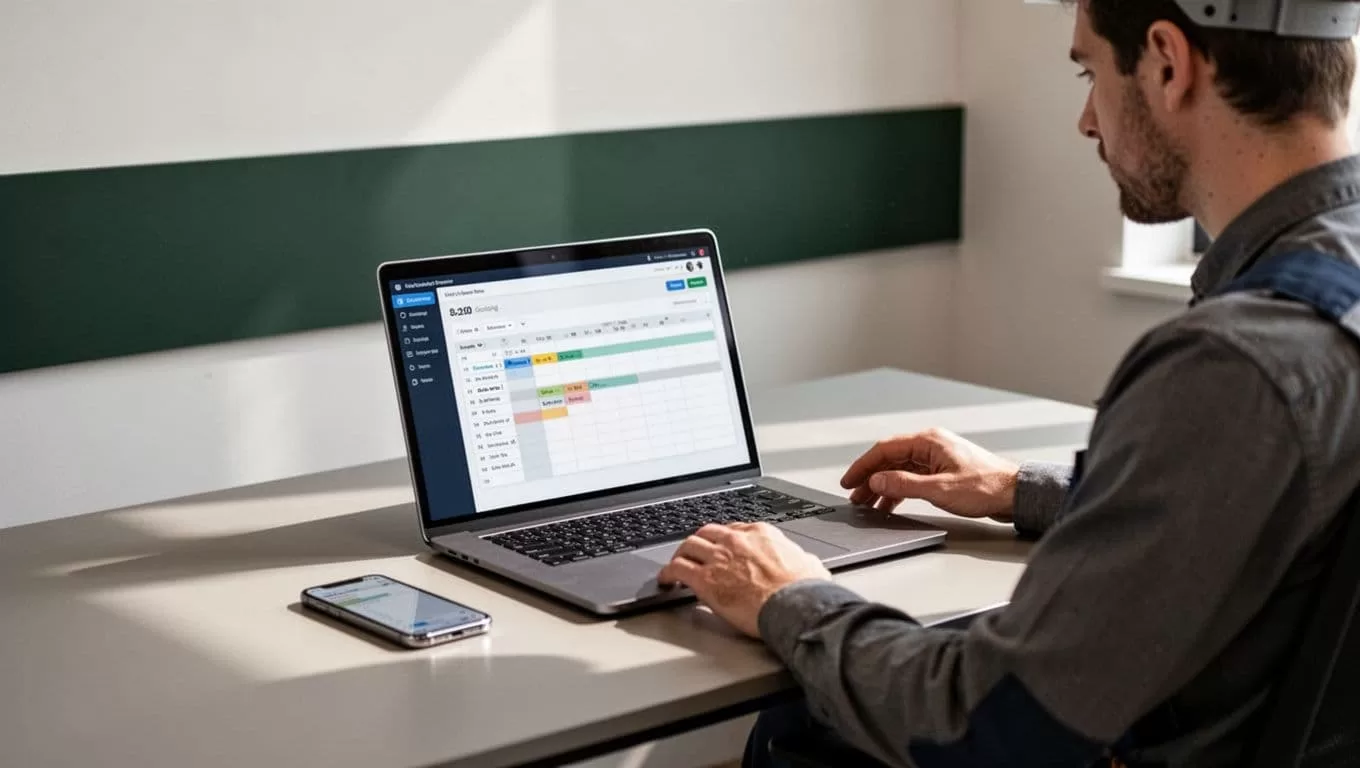 An office worker sits beside a laptop with scheduling charts and a smartphone.