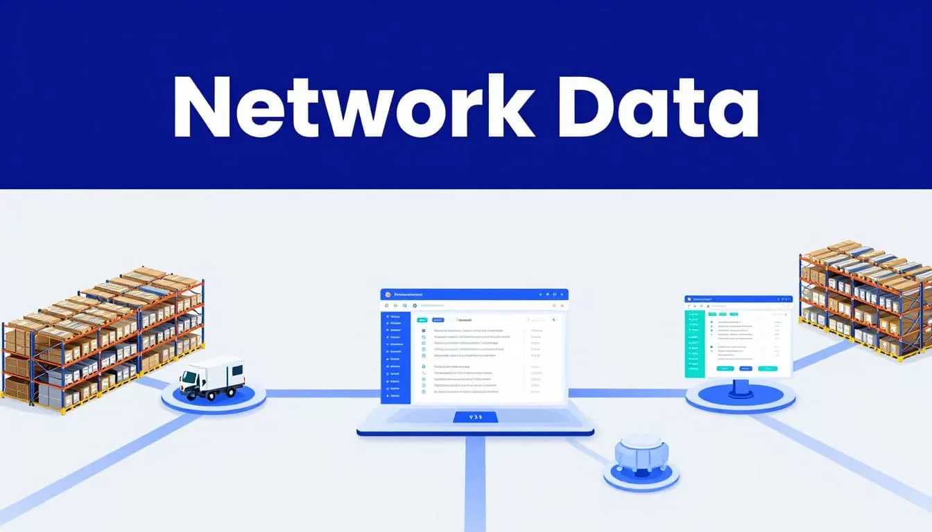 Central data records connect three hubs, a warehouse, and transport routes.