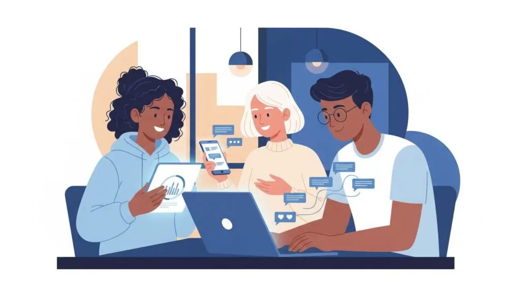 Group of three diverse students engaging in a Skool community discussion on mobile devices and laptops in a cafe setting, with visible comments and polls.