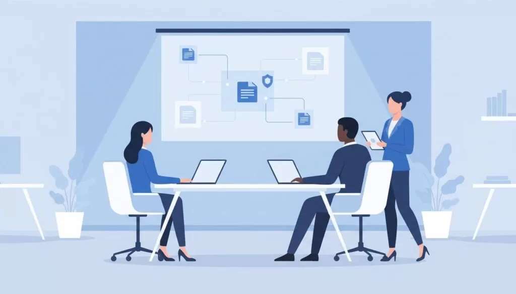 Modern illustration of three diverse business team members in a clean office collaboratively viewing and editing files on a shared drive using two laptops, one tablet, and a central projected screen in a blue-white palette.