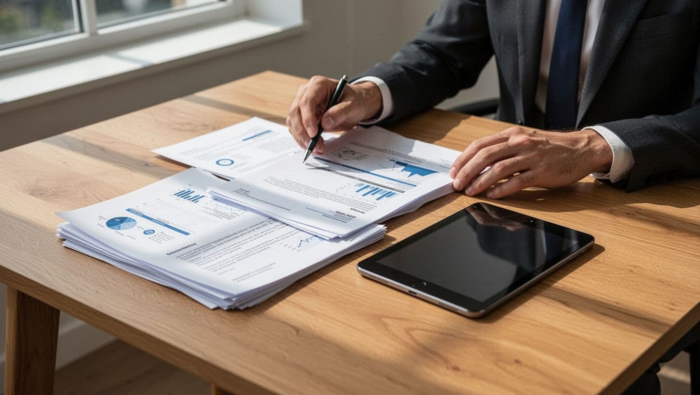 A person arranges paperwork beside a tablet under a green Document Automation banner.