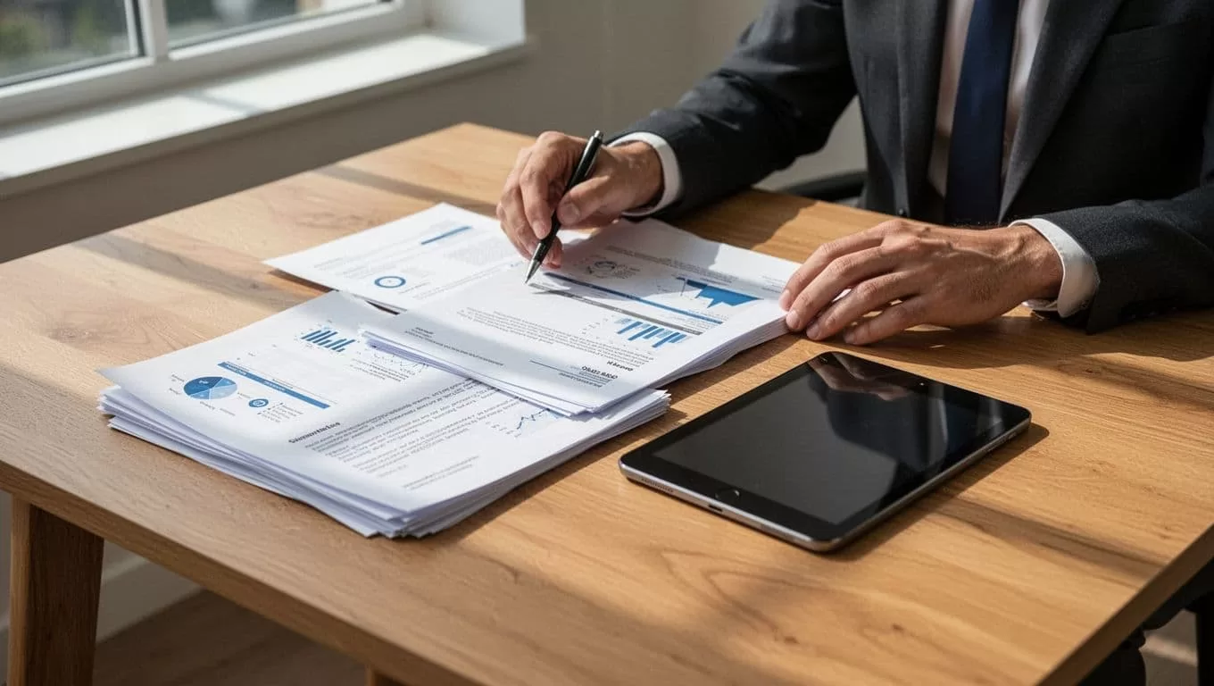 A person arranges paperwork beside a tablet under a green Document Automation banner.