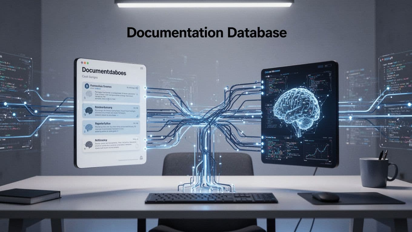 A documentation database connects to a central model through an indigo workflow diagram.