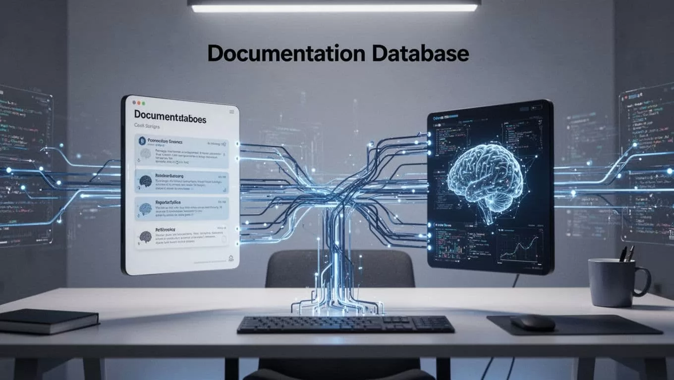 A documentation database connects to a central model through an indigo workflow diagram.