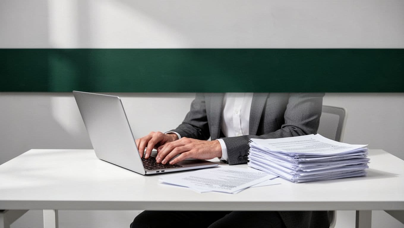 A person works at a desk beneath a green due diligence workflow banner.