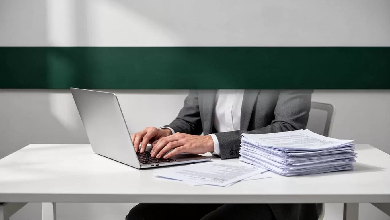 A person works at a desk beneath a green due diligence workflow banner.