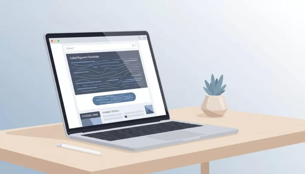 Modern illustration of an open email editor interface on a laptop screen showing a basic layout for a failed payment reminder dunning email, set on a simple desk in landscape view with a controlled color palette.