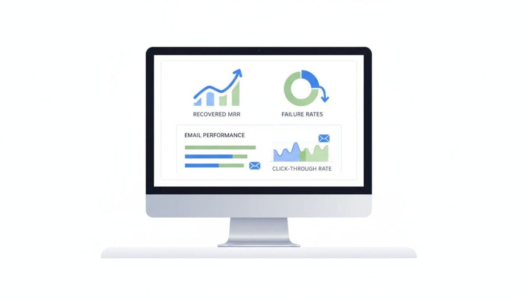 Modern illustration of an analytics dashboard displaying dunning recovery metrics like recovered MRR, failure rates, and email performance charts on a single desktop monitor. Clean shapes in a controlled blue and green palette with simple graphs and icons, soft even lighting, and no readable text or numbers.