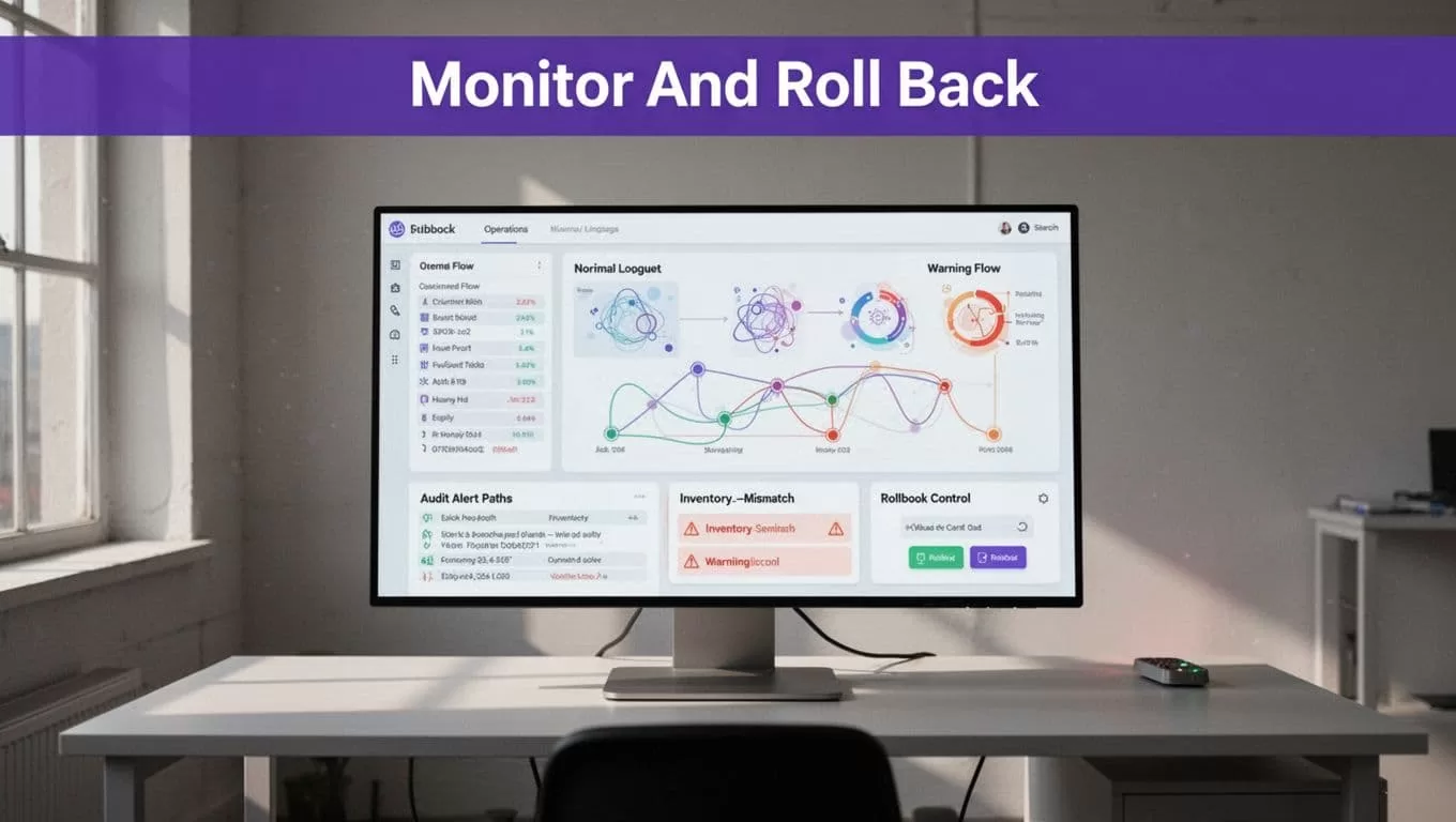 A monitor showing ecommerce health alerts, inventory warnings, and a rollback control.