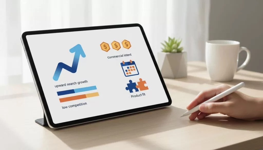 Modern illustration of a digital tablet on a desk displaying key ecommerce metrics: upward search growth arrow, low competition bar graph, dollar icons for commercial intent, calendar for seasonality, and puzzle piece for product fit, in a simple workspace with blues and oranges.